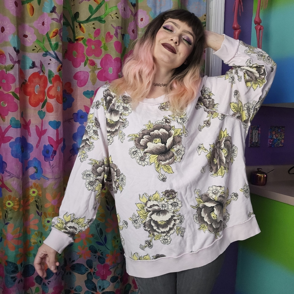 Free People Go On Floral Sweatshirt Pastel Pink Size SMALL